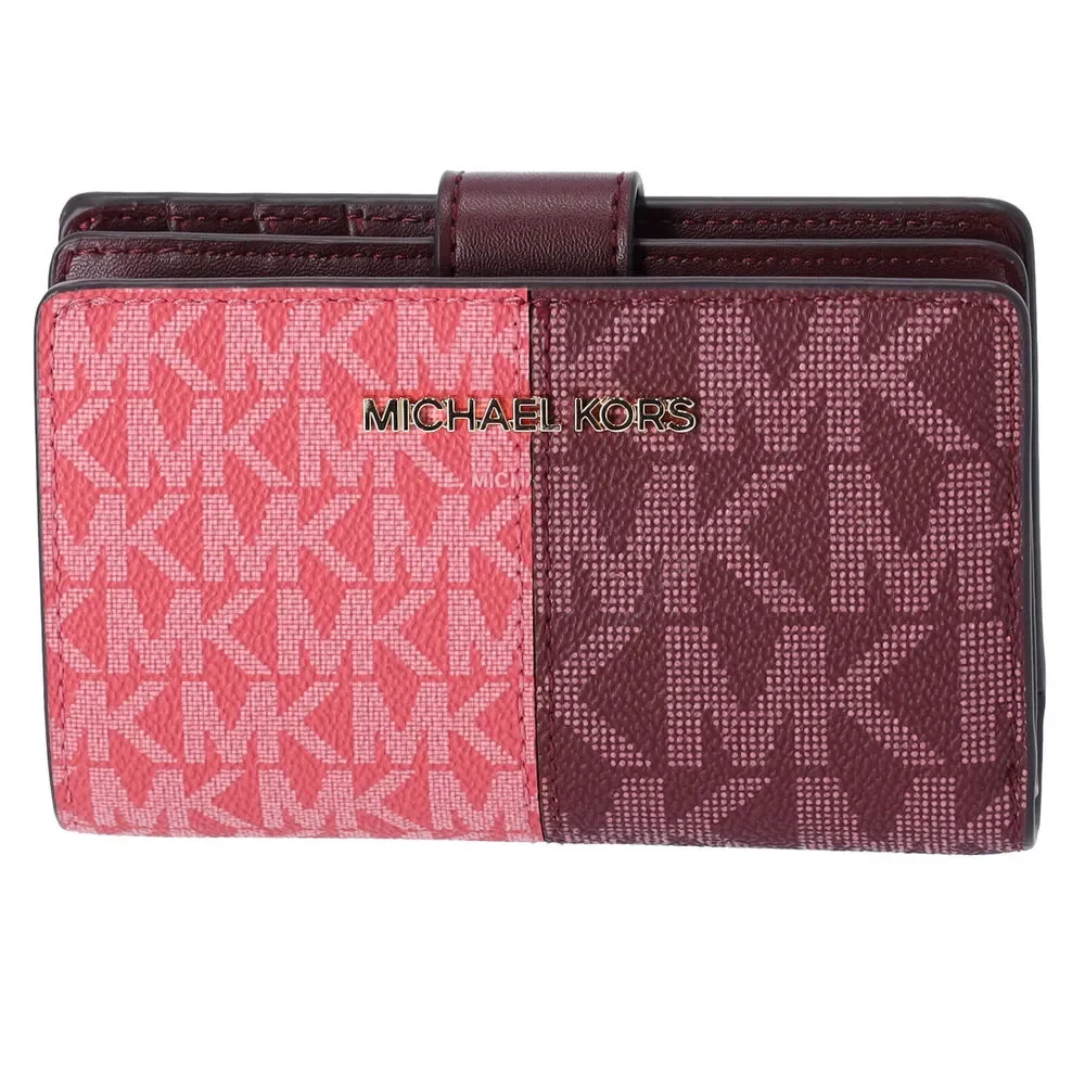 Michael Kors Jet Set Medium Bifold Zip Coin Signature Wallet Oxblood Multi MK